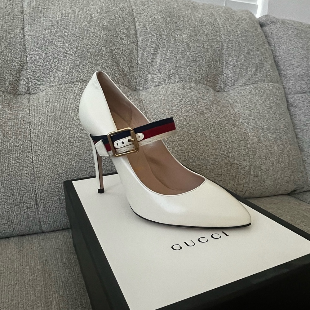 Gucci White Heels with Red and Blue Strap